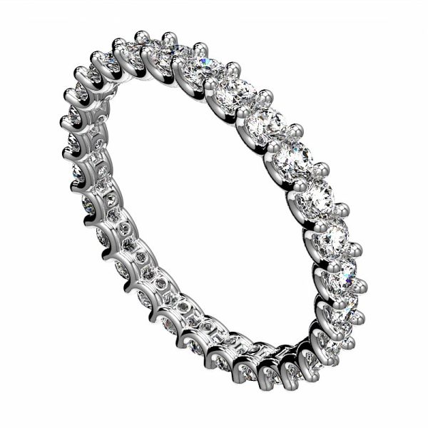 angled view of u shaped diamond eternity band in white metal