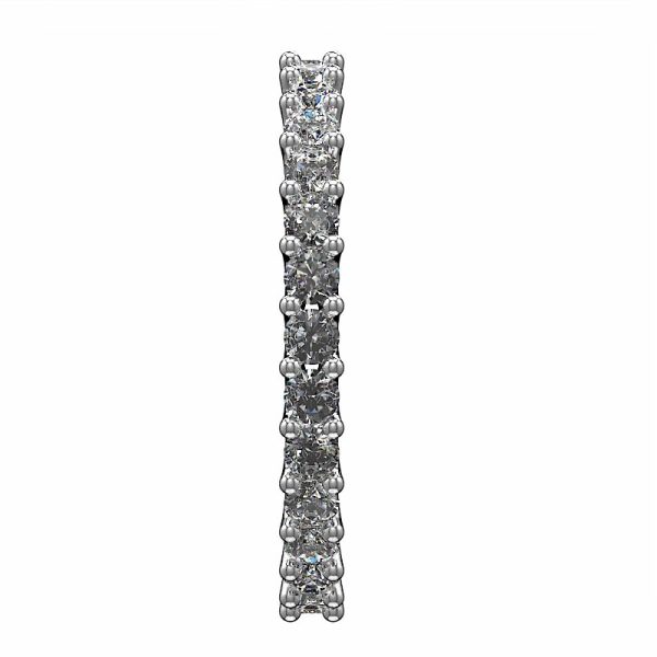 side view of u shaped eternity band with round diamonds in white metal
