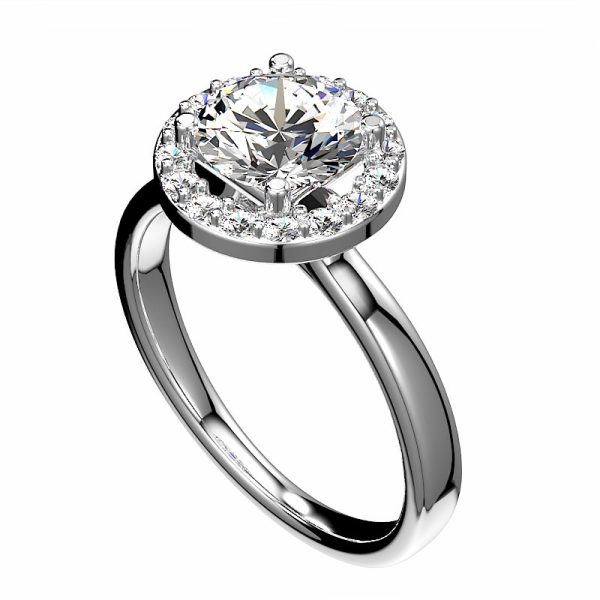 angled view of low cathedral halo diamond engagement ring