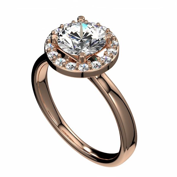 angled view of rose gold cathedral halo diamond engagement ring