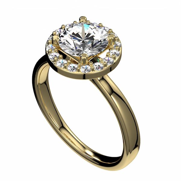 angled view of yellow gold cathedral halo engagement ring