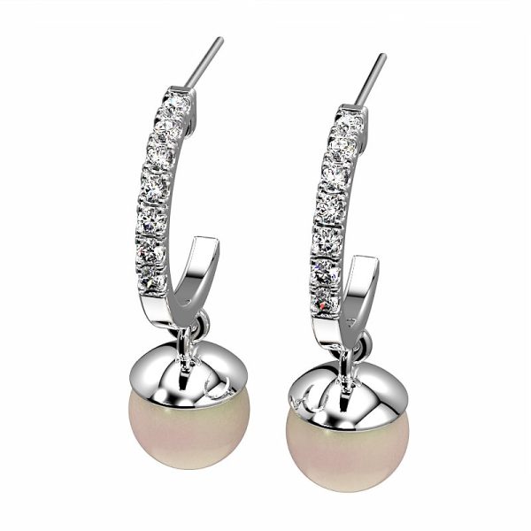 pair of half hoop earrings with round brilliant cut diamonds and 7 to 7.5mm pearls in white gold
