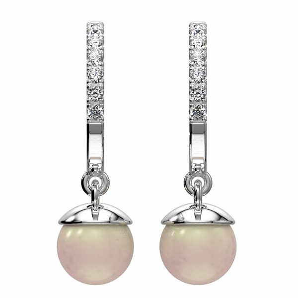 front view of half hoop pearl and diamond earrings in white gold or platinum