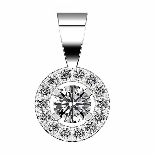 Straight on view of a halo pendant with prong set .50 carat round brilliant cut diamond and .21 carat total weigh of round brilliant cut diamonds in the halo
